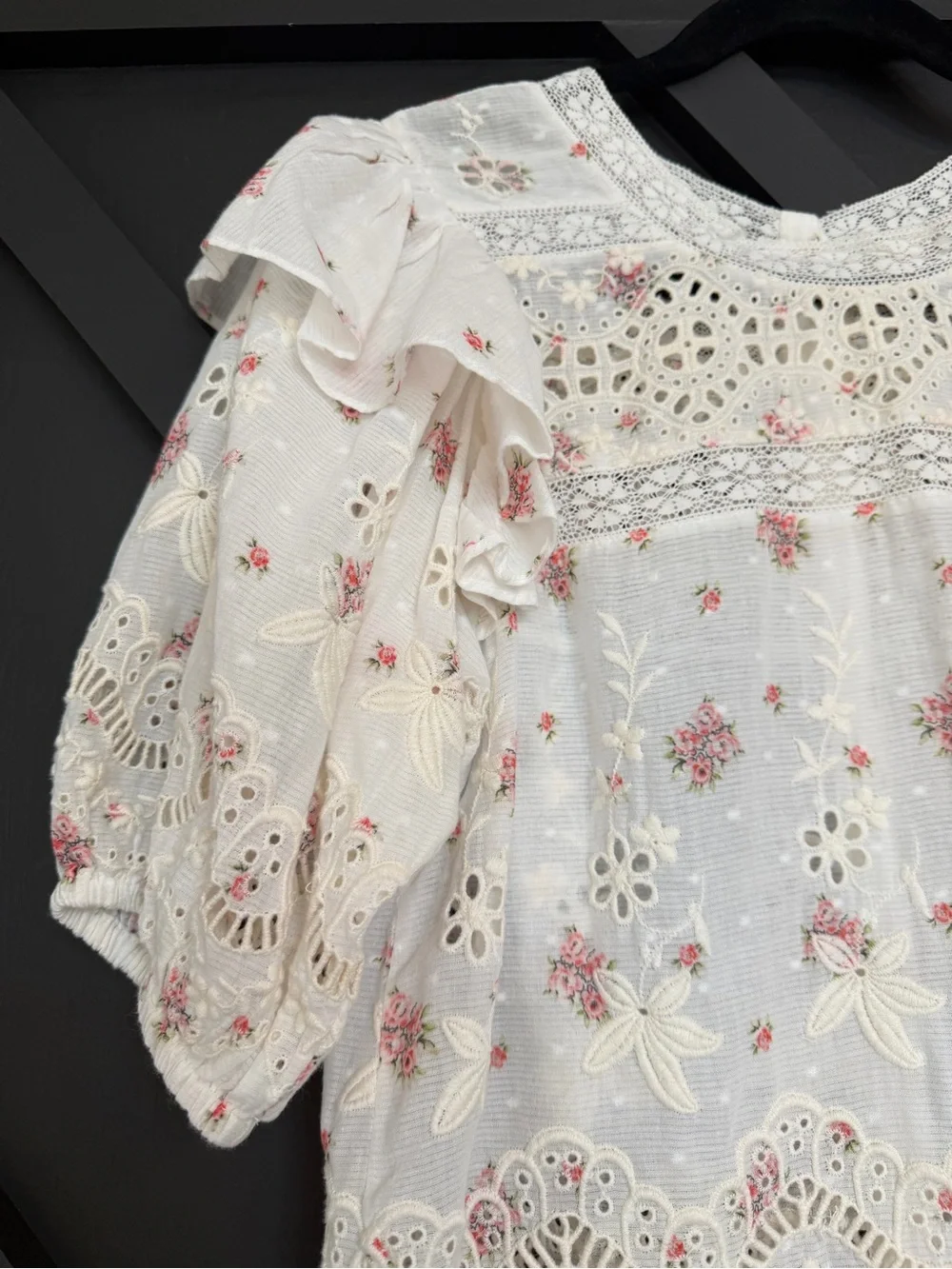 LoveShackFancy Tilda Top in French Cream/Pink Floral, Size Small